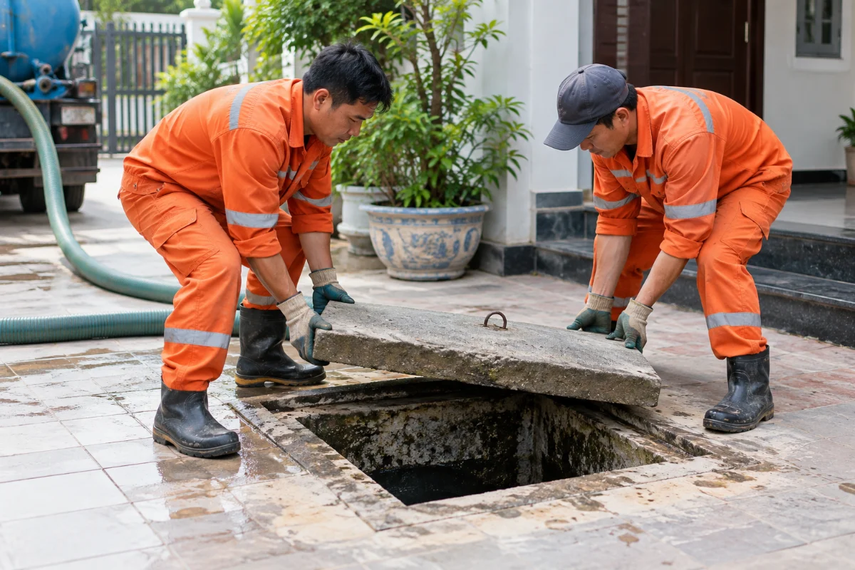 Mở nắp bể phốt kiểm tra Hoàng Phát